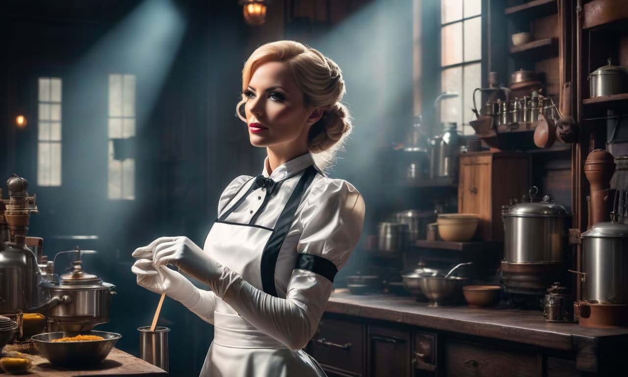  latex housemaid in gloves hyperrealistic, full body, detailed clothing, highly detailed, cinematic lighting, stunningly beautiful, intricate, sharp focus, f/1. 8, 85mm, (centered image composition), (professionally color graded), ((bright soft diffused light)), volumetric fog, trending on instagram, trending on tumblr, HDR 4K, 8K