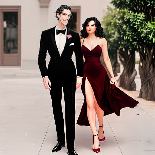  tall man in black tuxedo and his Latin wife in maroon bodycon dress wavy hair high heels