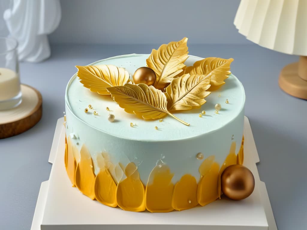  An ultradetailed, 8k resolution image of a delicate, intricate gold leaf gently placed on a perfectly frosted and immaculately decorated cake, showcasing the luxurious and elegant use of edible gold in pastry art. The gold leaf shimmers under soft, natural lighting, casting a subtle glow on the dessert, highlighting the craftsmanship and attention to detail involved in using gold in baking. The minimalistic composition focuses on the beauty and sophistication of the edible gold element, evoking a sense of luxury and refinement in the realm of pastry decoration. hyperrealistic, full body, detailed clothing, highly detailed, cinematic lighting, stunningly beautiful, intricate, sharp focus, f/1. 8, 85mm, (centered image composition), (professionally color graded), ((bright soft diffused light)), volumetric fog, trending on instagram, trending on tumblr, HDR 4K, 8K