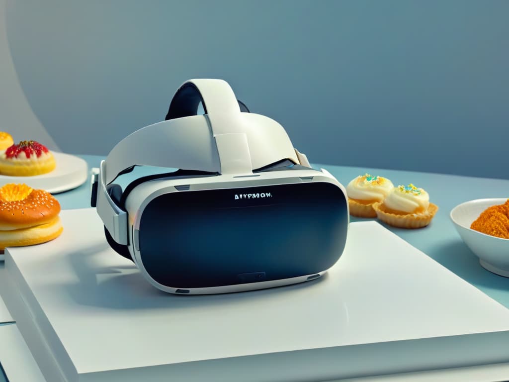  An ultradetailed image of a sleek, futuristic virtual reality headset hovering midair, with intricate circuit patterns glowing softly on its surface. The headset is surrounded by virtual depictions of colorful, mouthwatering pastries and desserts, each one suspended in a state of digital perfection. The scene exudes a sense of technological advancement and culinary artistry, blending the worlds of virtual reality and pastrymaking seamlessly. hyperrealistic, full body, detailed clothing, highly detailed, cinematic lighting, stunningly beautiful, intricate, sharp focus, f/1. 8, 85mm, (centered image composition), (professionally color graded), ((bright soft diffused light)), volumetric fog, trending on instagram, trending on tumblr, HDR 4K, 8K