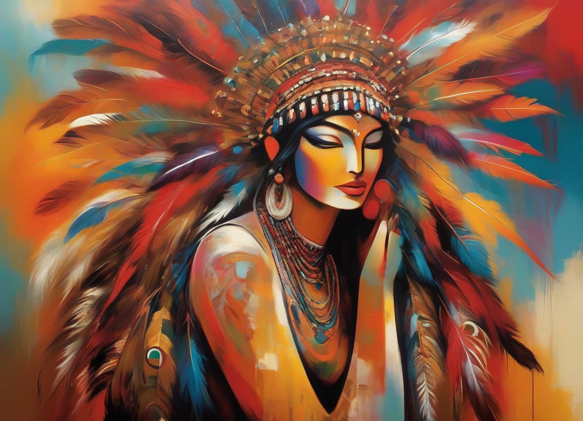  abstract expressionist painting An artistic, vibrant image of a woman adorned with elaborate jewelry and feathers, showcasing intricate designs and rich colors. . energetic brushwork, bold colors, abstract forms, expressive, emotional hyperrealistic, full body, detailed clothing, highly detailed, cinematic lighting, stunningly beautiful, intricate, sharp focus, f/1. 8, 85mm, (centered image composition), (professionally color graded), ((bright soft diffused light)), volumetric fog, trending on instagram, trending on tumblr, HDR 4K, 8K