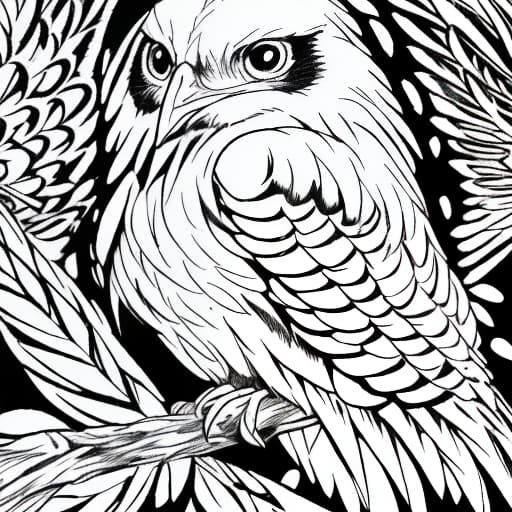  Imagen artistica lineal. En blanco y negro. Para un libro de colorear. Tipo comix. De un aguila bebe con las alas abiertas. En una selva