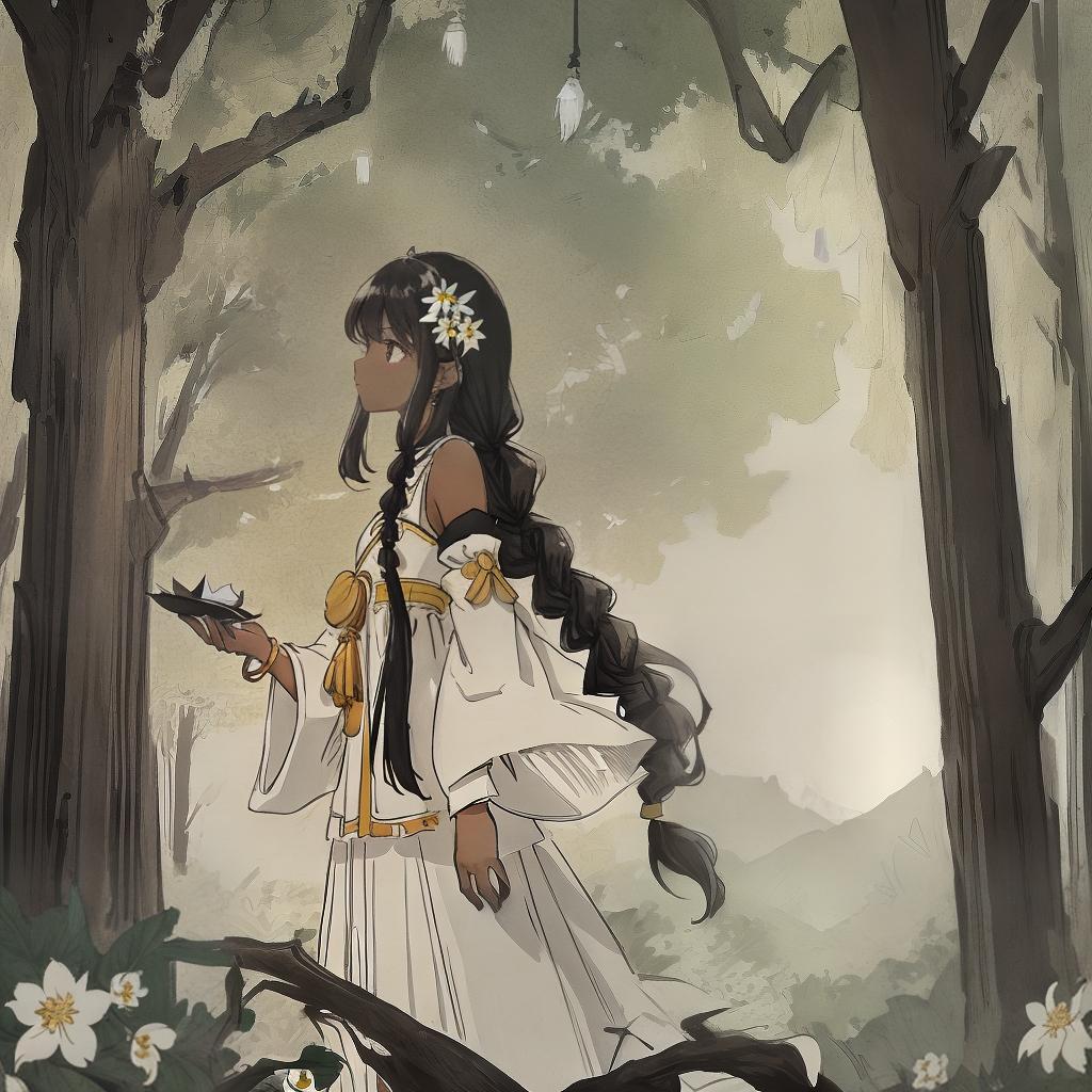  masterpiece, best quality, (masterpiece, best quality, high quality, highres, ultra-detailed), realistic,1 sweet girl, the greater, (side braid:1.1), long hair,((black hair)), leaf hair ornament, very dark skin, bare shoulders, jewelry, white long dress, (detached sleeves:1.1), bracelet, (looking away:1.2), (hair floating:1.1), from side, (in forest:1.2), (white flowers:1.1), (lens flare from right:1.1)