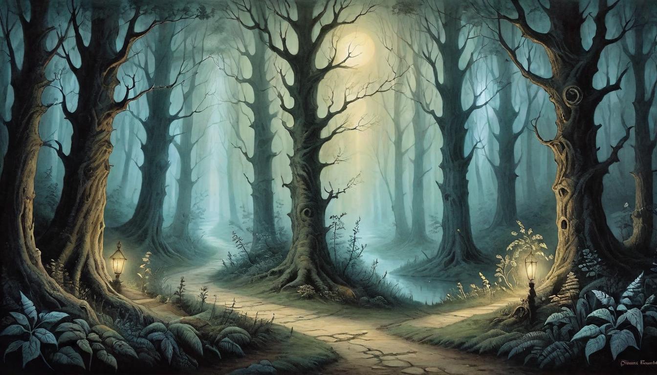  on parchment, surrealism+++, A serene path through a dark, mystical forest, trees glowing with ethereal light, a hidden sanctuary of wisdom at the path's end(mysterious, provocative, symbolic,muted color)+++