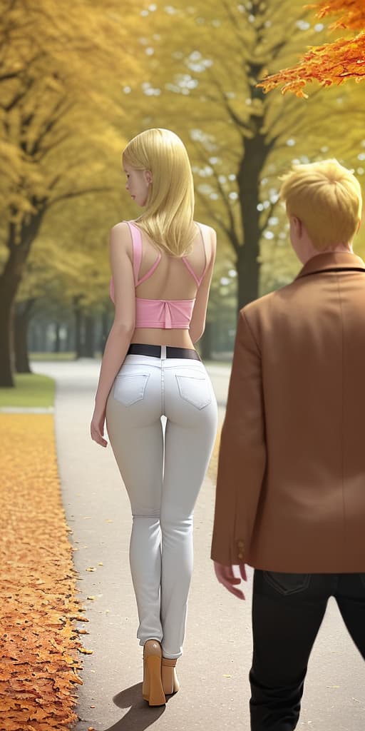  girl-blonde, with her back, in pants, walking with a guy in the park, autumn. I want to take a closer look at the girl's ass