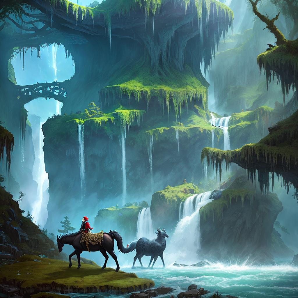  in a fantasy setting, Paint a surreal landscape where mythical beasts roam amidst cascading waterfalls.