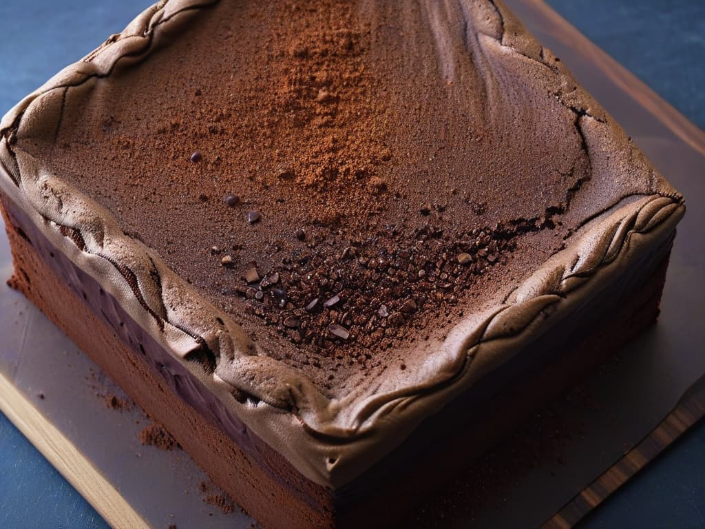  An ultradetailed closeup image of a freshly baked brownie, showcasing its perfectly cracked shiny crust, with a sprinkling of fine cocoa powder on top glistening under a soft warm light, highlighting the moist, fudgy interior studded with chunks of rich, melted chocolate. hyperrealistic, full body, detailed clothing, highly detailed, cinematic lighting, stunningly beautiful, intricate, sharp focus, f/1. 8, 85mm, (centered image composition), (professionally color graded), ((bright soft diffused light)), volumetric fog, trending on instagram, trending on tumblr, HDR 4K, 8K