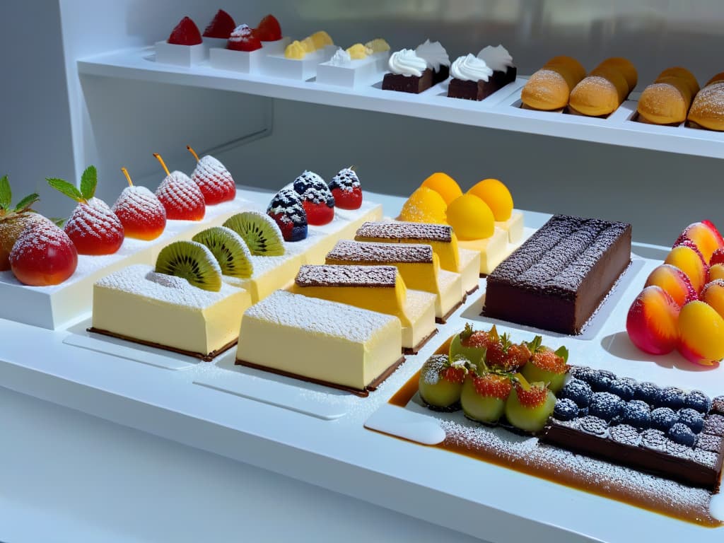  A closeup, ultradetailed image of a perfectly crafted dessert display in a sleek, modern bakery setting. The image focuses on a variety of colorful and decadent desserts arranged neatly on minimalist white trays, showcasing intricate details like delicate frosting swirls, glossy fruit garnishes, and elegant dustings of powdered sugar. The lighting is soft and diffused, casting subtle shadows that add depth and dimension to the scene. Each dessert is a work of art, inviting the viewer to indulge their senses and sparking desire for these delectable treats. hyperrealistic, full body, detailed clothing, highly detailed, cinematic lighting, stunningly beautiful, intricate, sharp focus, f/1. 8, 85mm, (centered image composition), (professionally color graded), ((bright soft diffused light)), volumetric fog, trending on instagram, trending on tumblr, HDR 4K, 8K