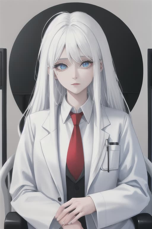  Beautiful girl, white hair, long hair, doctor, hospital, black shirt, red tie, blue eyes