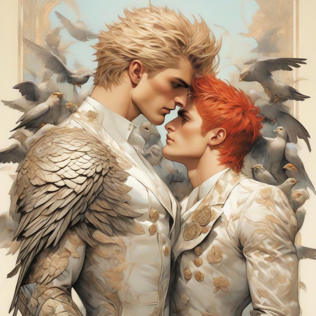  A drawing of two young men, one lower than the other, the first one has red short hair, the second one has silver long hair, the second one is taller than the first, holding the first one by the waist, they are looking at each other with tenderness, both dressed in light classic suits, birds of prey are flying around them. hyperrealistic, full body, detailed clothing, highly detailed, cinematic lighting, stunningly beautiful, intricate, sharp focus, f/1. 8, 85mm, (centered image composition), (professionally color graded), ((bright soft diffused light)), volumetric fog, trending on instagram, trending on tumblr, HDR 4K, 8K