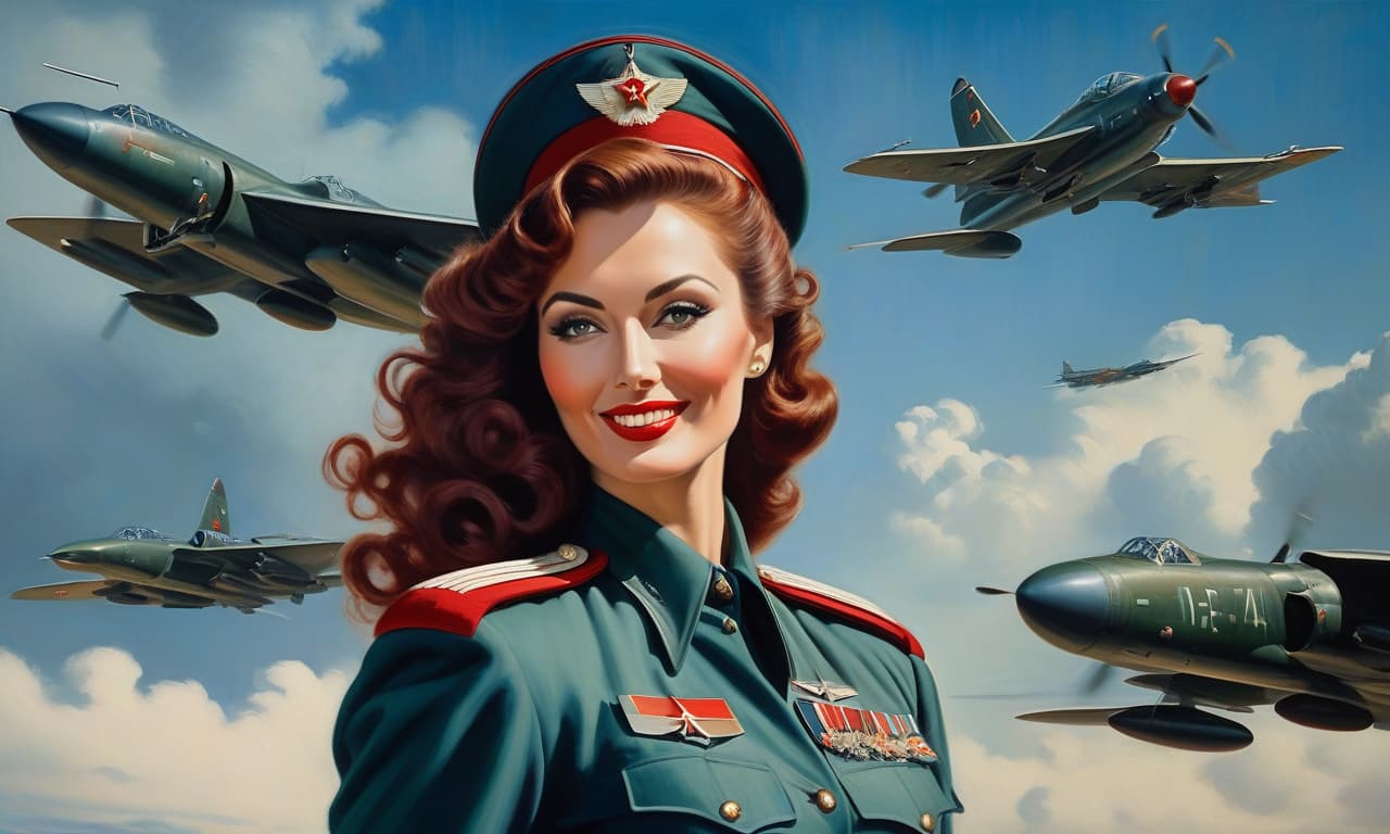  masterpiece of painting, oil painting, fine brush, A woman in an Soviet Air Force uniform about 20 year, elegant, smart, smiles ly, magnificent s, tall, long legged, lush dark red long curly hair, fresh and emphasizing the beauty of the defiant makeup and emerald eyes. From under the frivolously unoned uniform dark blue with silver hardware, large open neckline, with epaulettes of lieutenant, tunic, a beautiful and expensive red black satin corset with lace trim, from under the short dark blue uniform can be seen red garters and black fishnet highly visible stockings with red lace, on her feet elegant red high heeled shoes. A behind her and outside the airfield is parked a clic Soviet c hyperrealistic, full body, detailed clothing, highly detailed, cinematic lighting, stunningly beautiful, intricate, sharp focus, f/1. 8, 85mm, (centered image composition), (professionally color graded), ((bright soft diffused light)), volumetric fog, trending on instagram, trending on tumblr, HDR 4K, 8K