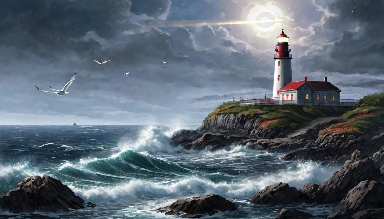  digital illustration A lighthouse standing firm on a rocky shore, its light shining across tumultuous seas, symbol of empowerment, beacon of hope, guiding light through dark times, steadfast and enduring, light illuminates path, safety in guidance, watchful protector looking at viewer, dynamic pose, (intricate details, masterpiece, best quality)