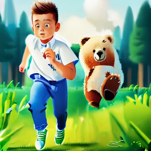  (best quality:1.5),(realistic:1.0),1boy, white shirt, blue pants, 1bear running, green grass