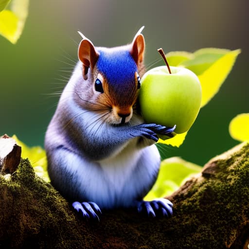 mdjrny-v4 style On a beautiful spring day, a small, shiny apple appears among bright green leaves in a lush forest. This scene captures various animals, including a blue bird and a small squirrel, gathered around the apple, under a clear blue sky., best quality, very detailed, high resolution, sharp, sharp image, extremely detailed, 4k, 8k hyperrealistic, full body, detailed clothing, highly detailed, cinematic lighting, stunningly beautiful, intricate, sharp focus, f/1. 8, 85mm, (centered image composition), (professionally color graded), ((bright soft diffused light)), volumetric fog, trending on instagram, trending on tumblr, HDR 4K, 8K