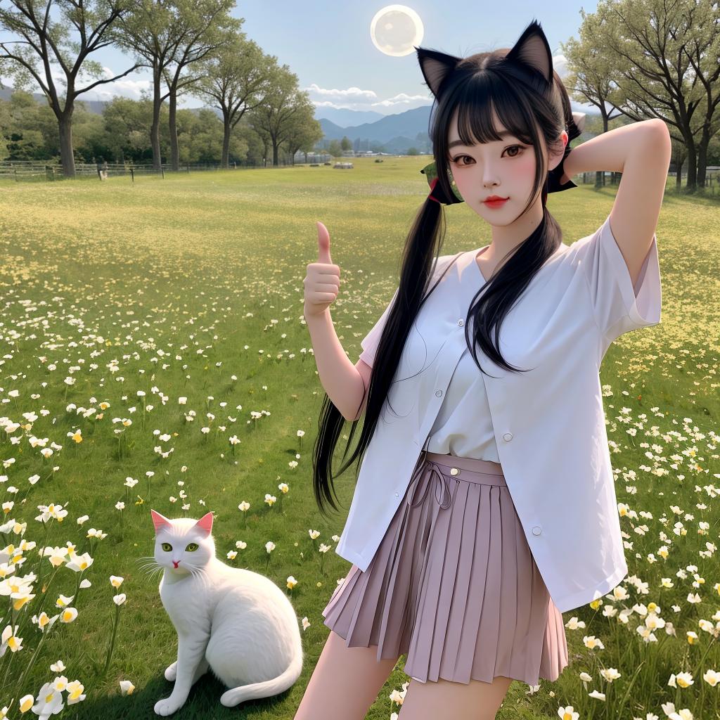  masterpiece, best quality, female,multiple s,,actress,short eyebrows,wide eyes,nut mouth,cat ears,blush,long hair,black hair,asymmetrical bangs,short ponytail,hair ribbon,celet,ribbon,,yokozuwari,thumbs up,stretch,in spring,full_moon,in a meadow