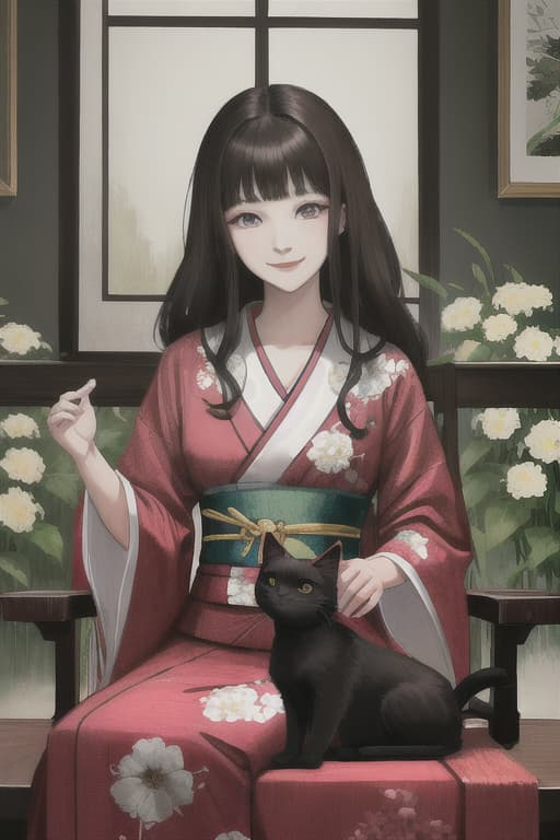  Kimono,dark brown hair,long hair,smiling,she is holding a black cat,beautiful eyes,high quality,white skin,sitting on a chair,surrounded by various flowers,low saturation,portrait,fine line drawing,fine detail,soft light ,beautiful,delicate painting,high resolution,high quality,