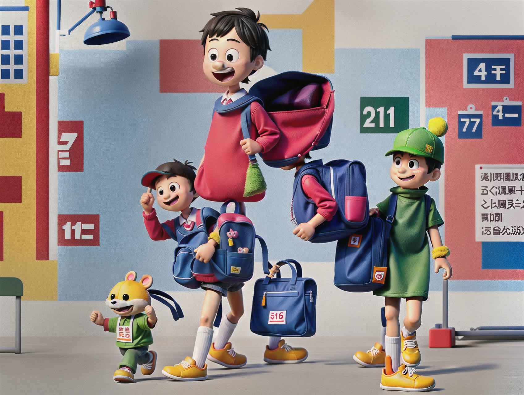  mascot, mascot wearing kindergarten uniform, mascot holding a small schoolbag, mascot body, printed with Dafeng experimental kindergarten and the number 10