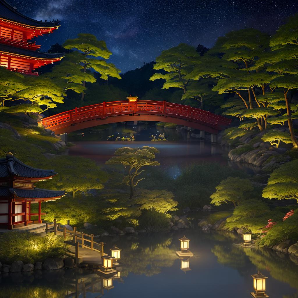  masterpiece, best quality, (Fidelity: 1.4), Best Quality, Masterpiece, Ultra High Resolution, 8k resolution, A night view inspired by Japanese art, featuring a garden illuminated by paper lanterns and a wooden bridge spanning a tranquil lake, by the lakeside, there is a small Zen temple. The water reflects the starry sky.