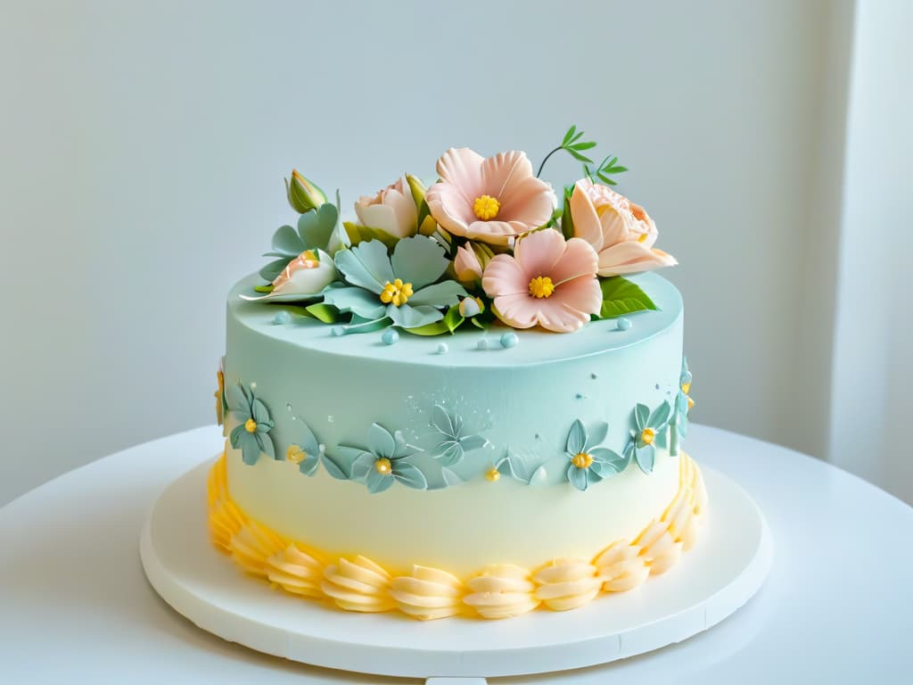  A closeup, ultrahigh resolution image of a beautifully decorated threetiered cake, adorned with delicate sugar flowers in pastel hues, intricate piping details, and shimmering gold accents. The cake sits on a sleek, marble cake stand, against a soft, blurred background that highlights its elegance and craftsmanship. hyperrealistic, full body, detailed clothing, highly detailed, cinematic lighting, stunningly beautiful, intricate, sharp focus, f/1. 8, 85mm, (centered image composition), (professionally color graded), ((bright soft diffused light)), volumetric fog, trending on instagram, trending on tumblr, HDR 4K, 8K