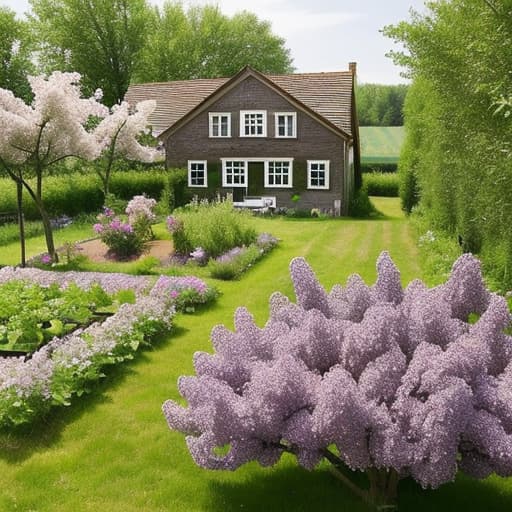  A farmhouse with a lilac growing over it and a cherry orchard and a raised vegetable garden bed