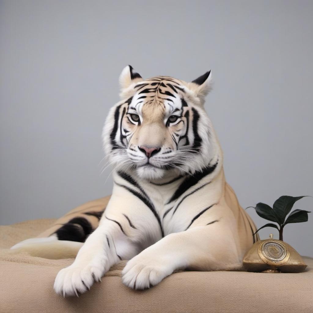  The is a white tigress, in a black , lies on white pillows, in the outfit of the goddess Cleopatra.Climt style