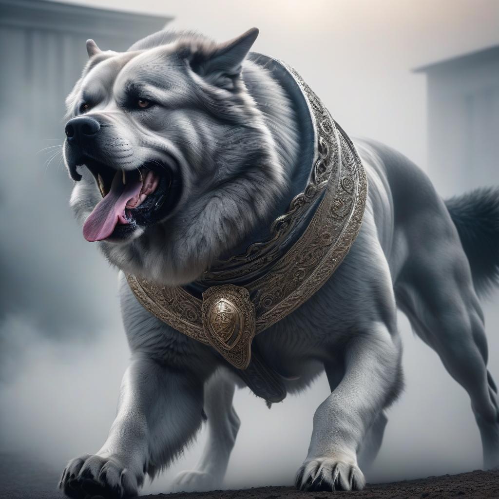  Huge fighting dog. Fantastic, silver colored dog. A very big dog. hyperrealistic, full body, detailed clothing, highly detailed, cinematic lighting, stunningly beautiful, intricate, sharp focus, f/1. 8, 85mm, (centered image composition), (professionally color graded), ((bright soft diffused light)), volumetric fog, trending on instagram, trending on tumblr, HDR 4K, 8K