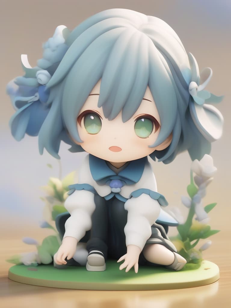  A masterpiece,(((chibi character))),one girl,メイド姿,short blue hair color,one hidden eye,green eye,sit flat on the floor with one's legs bent backwards,hands between legs,high quality,8K, masterpiece, best quality,8k,ultra detailed,high resolution,an extremely delicate and beautiful,hyper detail