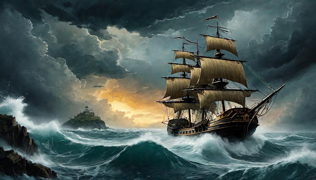  （surrealism)a ship set adrift in a turbulent sea, waves crashing, dark clouds above, no direction, uncertainty, sense of being lost, confusion, chaos mystic, intricate details, best quality)