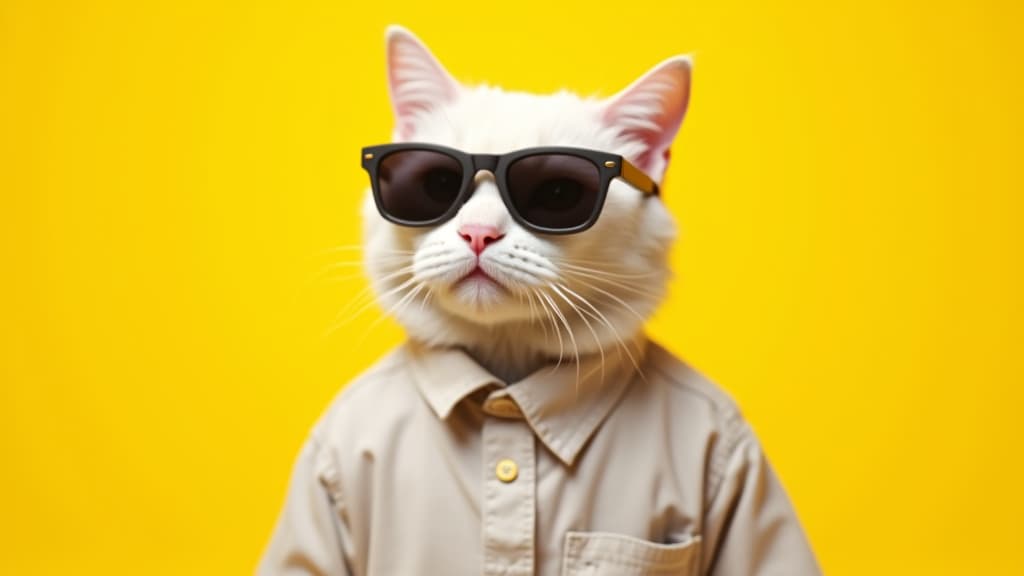  good quality, high quality, white british cat are wear sunglass and shirt in concept summer on the yellow background