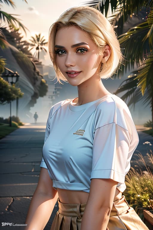  1girl,1girl,blonde short hair,straight hair,upper body shot,shirt,smile hyperrealistic, full body, detailed clothing, highly detailed, cinematic lighting, stunningly beautiful, intricate, sharp focus, f/1. 8, 85mm, (centered image composition), (professionally color graded), ((bright soft diffused light)), volumetric fog, trending on instagram, trending on tumblr, HDR 4K, 8K