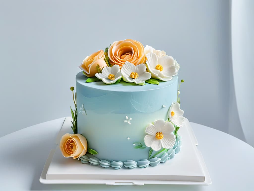  A threetiered wedding cake with sleek, white fondant frosting adorned with delicate sugar flowers in soft pastel colors, sitting on a modern, minimalist cake stand against a clean, white background, casting a subtle shadow to add depth and elegance to the composition. hyperrealistic, full body, detailed clothing, highly detailed, cinematic lighting, stunningly beautiful, intricate, sharp focus, f/1. 8, 85mm, (centered image composition), (professionally color graded), ((bright soft diffused light)), volumetric fog, trending on instagram, trending on tumblr, HDR 4K, 8K