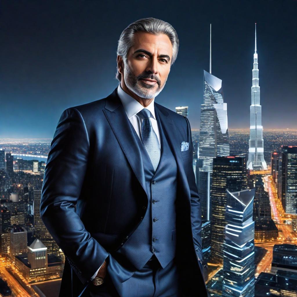  Create an image of a man named Michel Avide who is depicted as the master of takeovers. He is standing in a corporate setting, surrounded by visual elements that suggest he is a highly successful entrepreneur, with a net worth of 19 billion dollars. The image should show him with a confident, commanding presence, perhaps with a city skyline in the background, and subtle elements like documents with the word 'takeover' on them, or a chessboard with pieces that metaphorically represent his strategic prowess in business takeovers. He should be wearing high-end business attire, looking as if he just successfully acquired another company, adding to his empire of 12 companies. hyperrealistic, full body, detailed clothing, highly detailed, cinematic lighting, stunningly beautiful, intricate, sharp focus, f/1. 8, 85mm, (centered image composition), (professionally color graded), ((bright soft diffused light)), volumetric fog, trending on instagram, trending on tumblr, HDR 4K, 8K