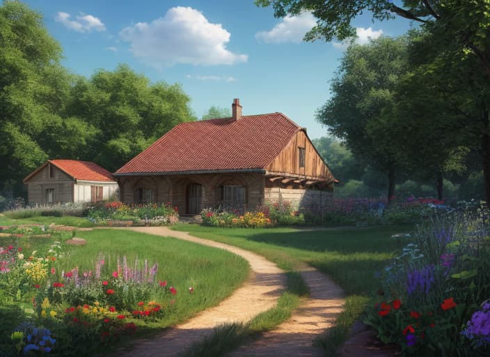  create a hungarian countryside yard with plants flowers , HQ, Hightly detailed, 4k