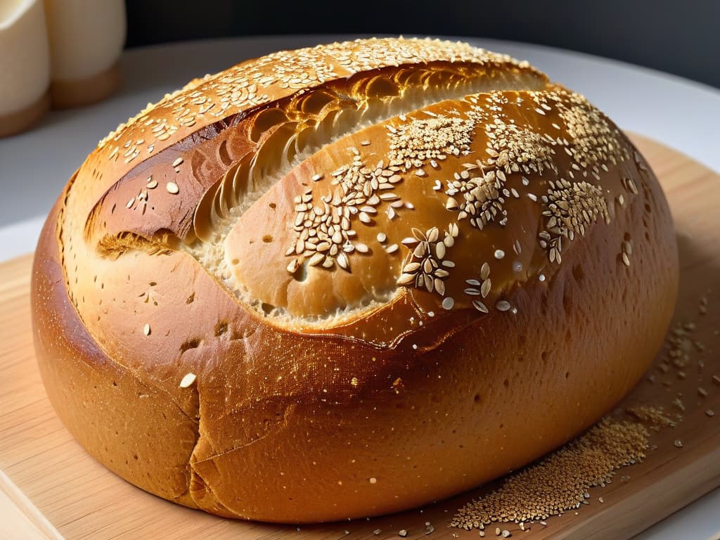  A closeup, ultradetailed image of beautifully golden vegan sourdough bread with a perfectly crispy crust, adorned with a scattering of sesame seeds. The intricate patterns of the bread's air pockets are clearly visible, showcasing the artisanal craftsmanship involved in the fermentation process. The lighting is soft, highlighting the textures and inviting the viewer to appreciate the simplicity and elegance of vegan baking through fermentation. hyperrealistic, full body, detailed clothing, highly detailed, cinematic lighting, stunningly beautiful, intricate, sharp focus, f/1. 8, 85mm, (centered image composition), (professionally color graded), ((bright soft diffused light)), volumetric fog, trending on instagram, trending on tumblr, HDR 4K, 8K