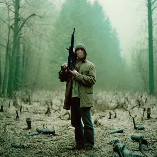 analog style A man in plain clothes holding a rifle, covered in blood, standing among dead robots in the middle of a woodland.