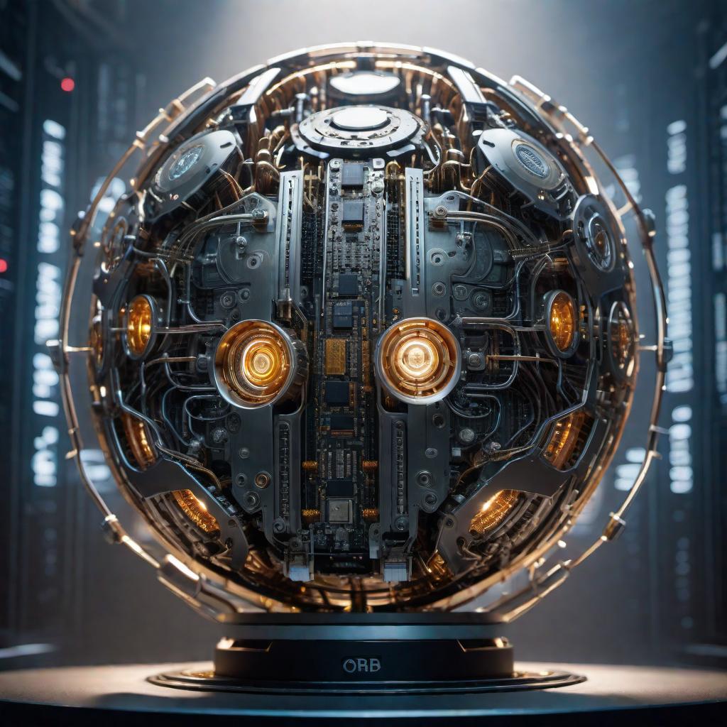  Create an image of a computer Motherbrain, depicted as the supreme AI over all others, in the shape of an orb. The orb should have a futuristic and powerful appearance, with intricate circuit patterns and glowing elements that suggest advanced technology. The background should convey a sense of a vast digital space where this Motherbrain orb reigns supreme. hyperrealistic, full body, detailed clothing, highly detailed, cinematic lighting, stunningly beautiful, intricate, sharp focus, f/1. 8, 85mm, (centered image composition), (professionally color graded), ((bright soft diffused light)), volumetric fog, trending on instagram, trending on tumblr, HDR 4K, 8K