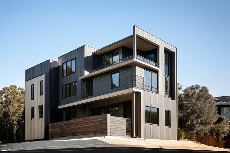  Street view of the house, modern architectural style, dark aluminum doors, balcony ceiling covered with wooden conwood panels, beautiful lighting