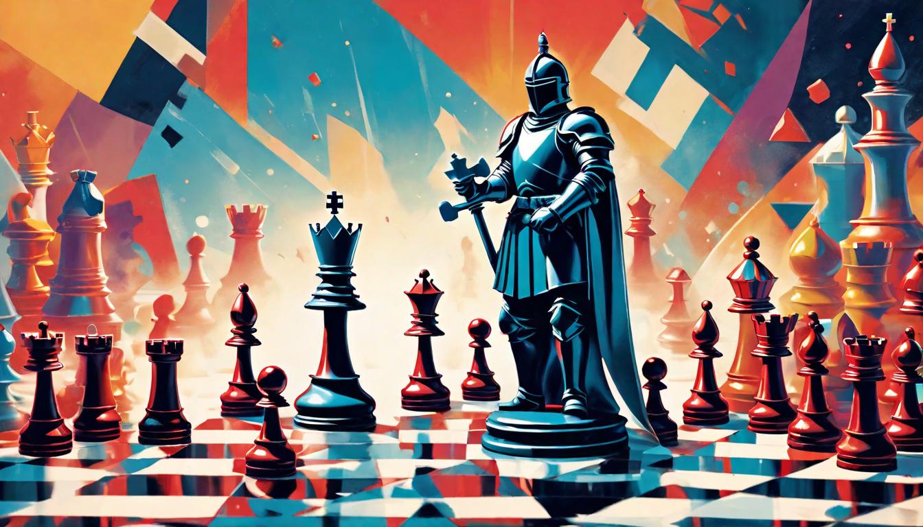  retro futuristic A chess piece, a knight, standing last on the board surrounded by fallen pieces, Symbolizing surprising strength and resilience, Strategy, unforeseen power, triumph lvintage sci fi, 50s and 60s style, atomic age, vibrant, highly detailed