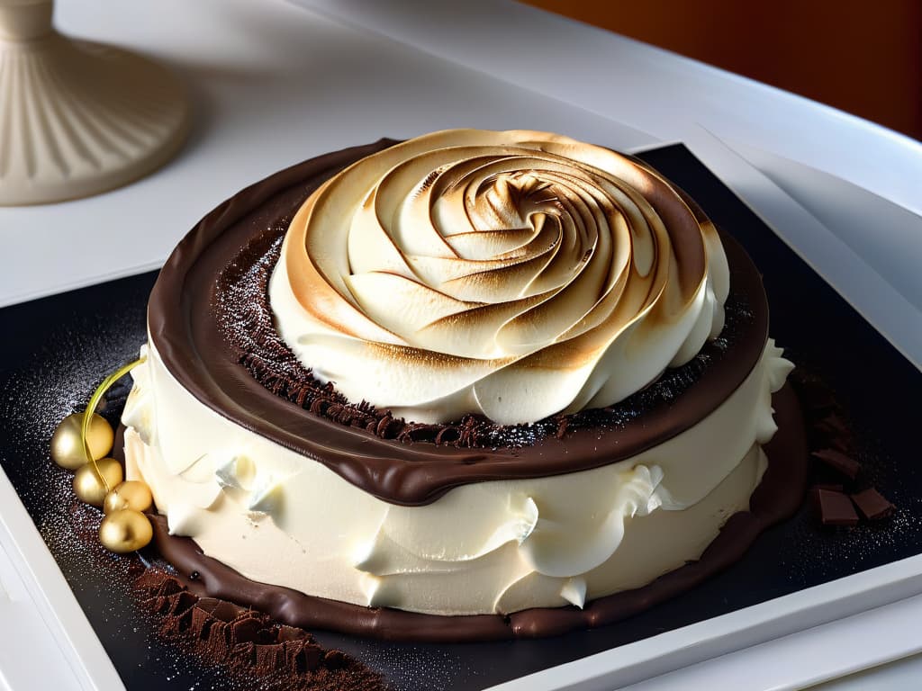  An ultradetailed closeup photograph of a delicate, perfectly piped swirl of airy meringue atop a rich and velvety dark chocolate mousse, elegantly presented on a sleek, matte black plate. The meringue is lightly toasted to a golden hue, showcasing a subtle caramelization, while the glossy mousse glistens under soft, ambient lighting, highlighting its smooth texture and deep color. The contrast between the light, airy meringue and the dense, decadent mousse creates a visually striking composition, emphasizing the textural and flavor complexities of this sophisticated dessert. hyperrealistic, full body, detailed clothing, highly detailed, cinematic lighting, stunningly beautiful, intricate, sharp focus, f/1. 8, 85mm, (centered image composition), (professionally color graded), ((bright soft diffused light)), volumetric fog, trending on instagram, trending on tumblr, HDR 4K, 8K