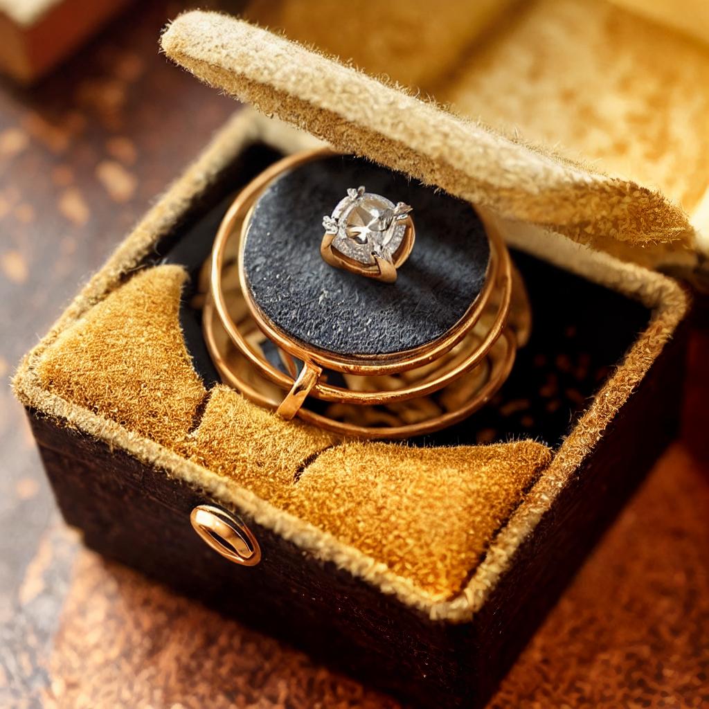  (best quality:1.5), (realistic:1.0), a ring inside the rusty old box, dim light