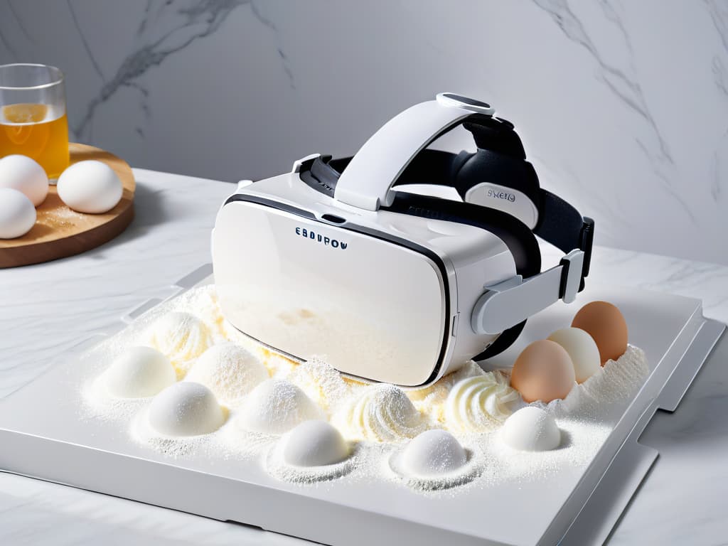  An ultradetailed 8k image of a sleek, modern virtual reality headset placed delicately on a pristine marble countertop. The headset is surrounded by swirling digital ingredients like flour, eggs, and sugar, all illuminated by a soft, ethereal light that casts a gentle glow on the scene. The overall aesthetic is clean, futuristic, and undeniably captivating, perfect for capturing the essence of virtual reality innovation in the realm of baking and pastry arts. hyperrealistic, full body, detailed clothing, highly detailed, cinematic lighting, stunningly beautiful, intricate, sharp focus, f/1. 8, 85mm, (centered image composition), (professionally color graded), ((bright soft diffused light)), volumetric fog, trending on instagram, trending on tumblr, HDR 4K, 8K