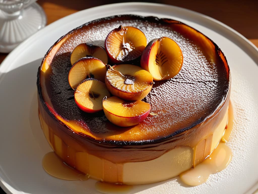  An ultradetailed closeup image of a goldenbrown Tarta Tatin fresh out of the oven, with caramelized apples glistening under a light drizzle of honey, surrounded by a delicate dusting of powdered sugar on a sleek, black plate. The apples are intricately arranged in a circular pattern, showcasing their caramelized edges and tender texture, while a hint of steam rises gently from the perfectly baked pastry base, evoking a sense of warmth and indulgence. hyperrealistic, full body, detailed clothing, highly detailed, cinematic lighting, stunningly beautiful, intricate, sharp focus, f/1. 8, 85mm, (centered image composition), (professionally color graded), ((bright soft diffused light)), volumetric fog, trending on instagram, trending on tumblr, HDR 4K, 8K