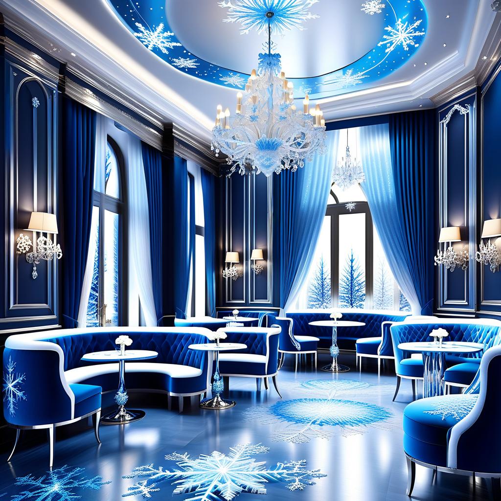  Luxury product style (Cafe interior). (Floor and walls):decorated with snowy intricate patterns of blue, white, silver snowflakes. (Furniture): elegant tables and chairs are forged from ice crystals and sparkle in the starlight. The windows are covered with openwork curtains made of frost. . Elegant, sophisticated, high end, luxurious, professional, highly detailed hyperrealistic, full body, detailed clothing, highly detailed, cinematic lighting, stunningly beautiful, intricate, sharp focus, f/1. 8, 85mm, (centered image composition), (professionally color graded), ((bright soft diffused light)), volumetric fog, trending on instagram, trending on tumblr, HDR 4K, 8K