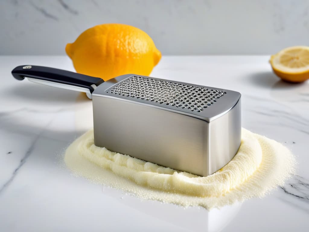  An ultradetailed image of a sleek, highend stainless steel zester and grater set, elegantly displayed on a marble countertop under soft, natural lighting. The intricate etching and sharp edges of the tools are flawlessly captured, showcasing their superior craftsmanship and precision. The background is subtly blurred to emphasize the minimalist design, with a hint of a chef's hand reaching out to pick up the zester, adding a touch of dynamic movement to the composition. The overall aesthetic exudes sophistication and professional quality, perfectly complementing the tone and style of the article. hyperrealistic, full body, detailed clothing, highly detailed, cinematic lighting, stunningly beautiful, intricate, sharp focus, f/1. 8, 85mm, (centered image composition), (professionally color graded), ((bright soft diffused light)), volumetric fog, trending on instagram, trending on tumblr, HDR 4K, 8K