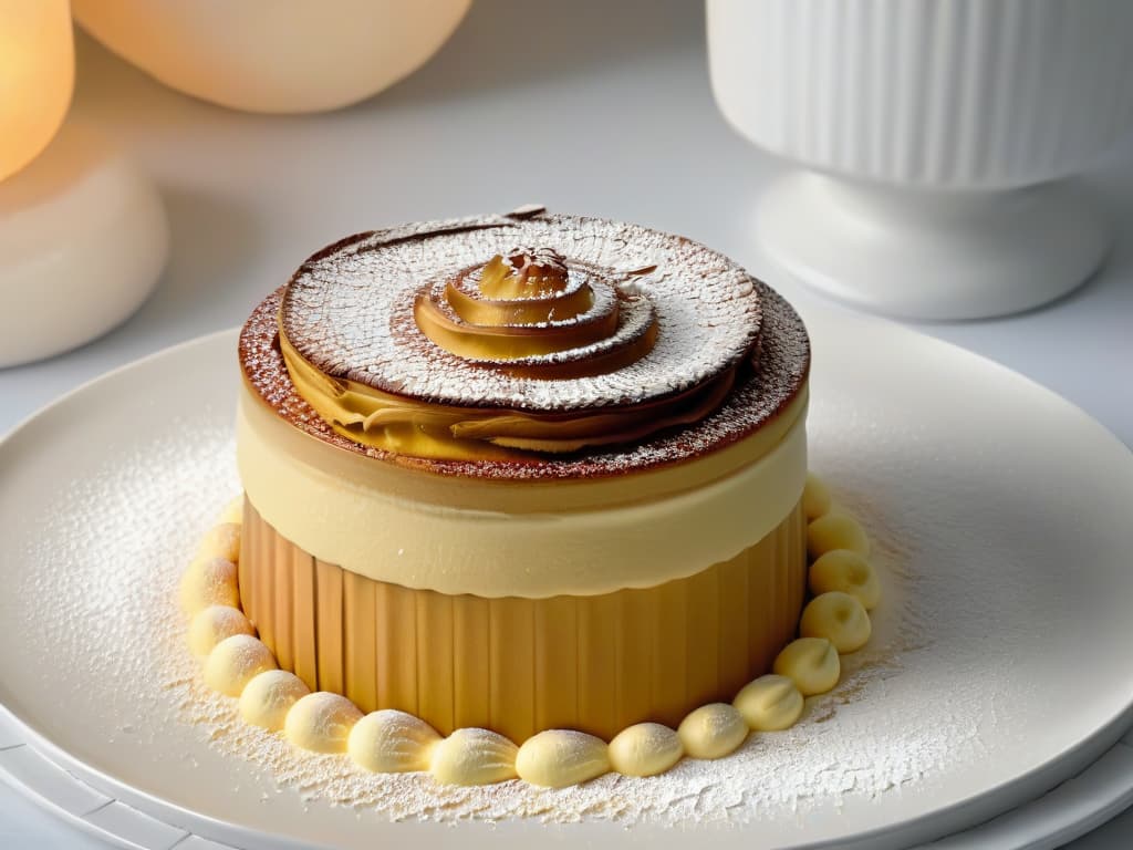  A closeup, ultradetailed image of a perfectly goldenbrown soufflé rising elegantly in a white porcelain ramekin, showcasing intricate air pockets and a dusting of powdered sugar on top. The soft lighting highlights the delicate texture of the dessert, while a subtle wisp of steam adds a touch of dynamic movement to the composition. hyperrealistic, full body, detailed clothing, highly detailed, cinematic lighting, stunningly beautiful, intricate, sharp focus, f/1. 8, 85mm, (centered image composition), (professionally color graded), ((bright soft diffused light)), volumetric fog, trending on instagram, trending on tumblr, HDR 4K, 8K