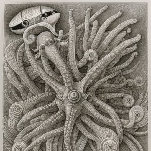  a pencil sketch in the style of jacek yerka and bosch and escher Frank bowling and hr giger, lots of robotic fish and starfish and octopus,stable diffusion