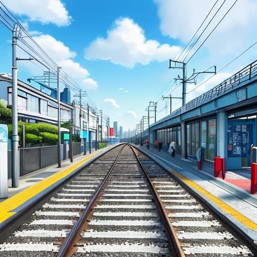  Draw a street view of the city by the sea in Miyazaki's style. To see the railway tracks, subway, pedestrians, blue sky and white clouds, the sea,