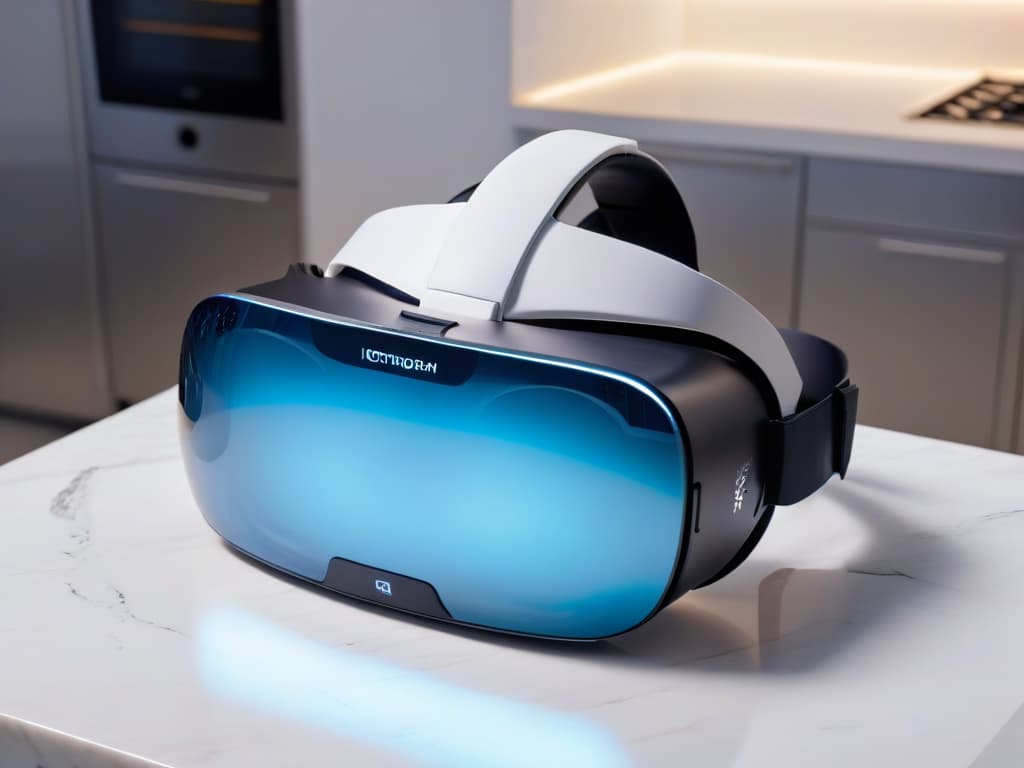  A highly detailed, 8k ultradetailed generation image depicting a sleek, modern virtual reality headset placed delicately on a pristine marble kitchen countertop. The headset's design is futuristic and elegant, with a soft glow emanating from its lenses. The background shows a virtual kitchen environment with advanced baking tools floating in the air, showcasing the seamless integration of technology and culinary arts. hyperrealistic, full body, detailed clothing, highly detailed, cinematic lighting, stunningly beautiful, intricate, sharp focus, f/1. 8, 85mm, (centered image composition), (professionally color graded), ((bright soft diffused light)), volumetric fog, trending on instagram, trending on tumblr, HDR 4K, 8K