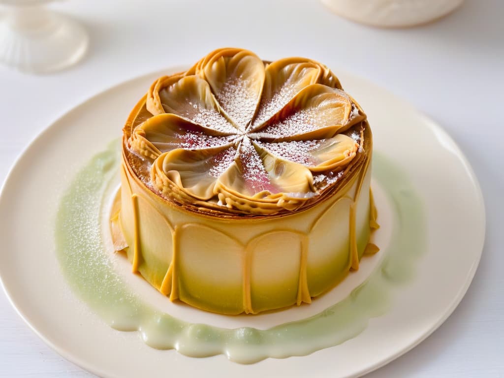  A highresolution, ultradetailed image of a delicate rose petalcovered cardamominfused baklava pastry, elegantly presented on a sleek, modern white plate with a subtle drizzle of aromatic rose water glaze, capturing the essence of Middle Eastern flavors in a minimalistic and sophisticated style. hyperrealistic, full body, detailed clothing, highly detailed, cinematic lighting, stunningly beautiful, intricate, sharp focus, f/1. 8, 85mm, (centered image composition), (professionally color graded), ((bright soft diffused light)), volumetric fog, trending on instagram, trending on tumblr, HDR 4K, 8K