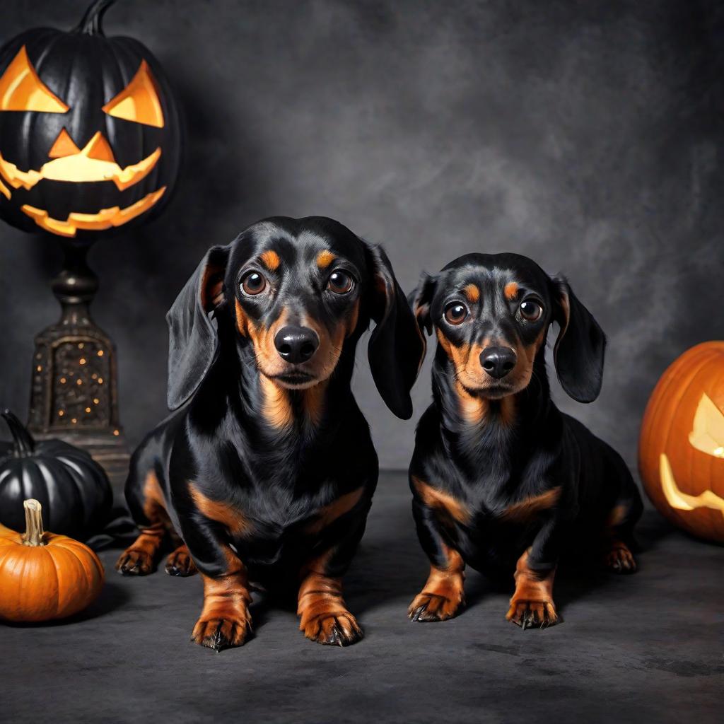  Two scary, spookie black dachshund in horor, halloween vibe